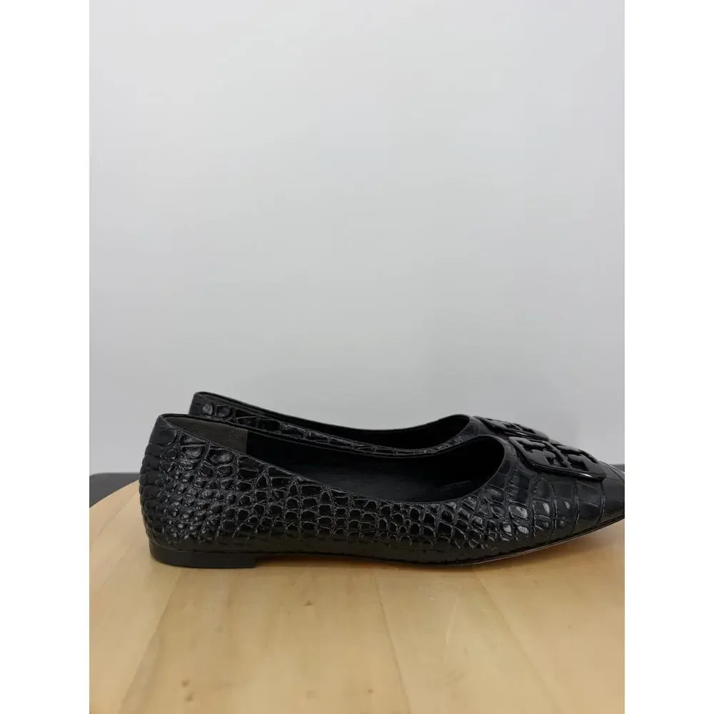 Tory Burch Georgia Ballet Flats 8M Black Croc Embossed Leather Logo Square Toe